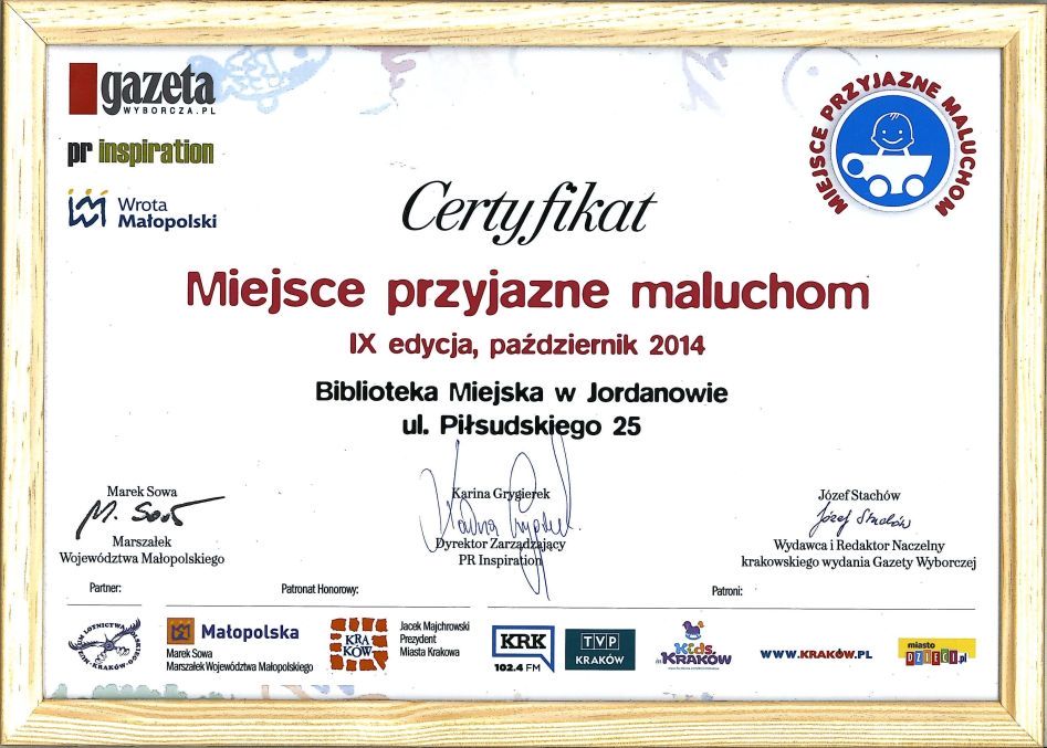 Certyfikat Miejsce Przyjazne Maluchom przyznany w 9 edycji w 2014 roku